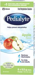 Pedialyte® powder packs in apple flavour help replenish lost fluids